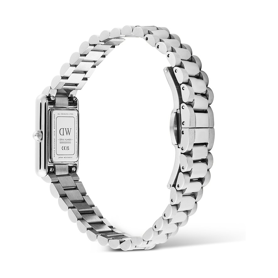 Rückseite einer Daniel Wellington Damenuhr aus Edelstahl mit rechteckigem Gehäuse und Armband zu sehen.