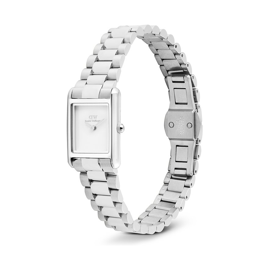 Daniel Wellington Damenuhr aus Edelstahl, schräg oben, weißes rechteckiges Zifferblatt, silberfarbene Zeiger.
