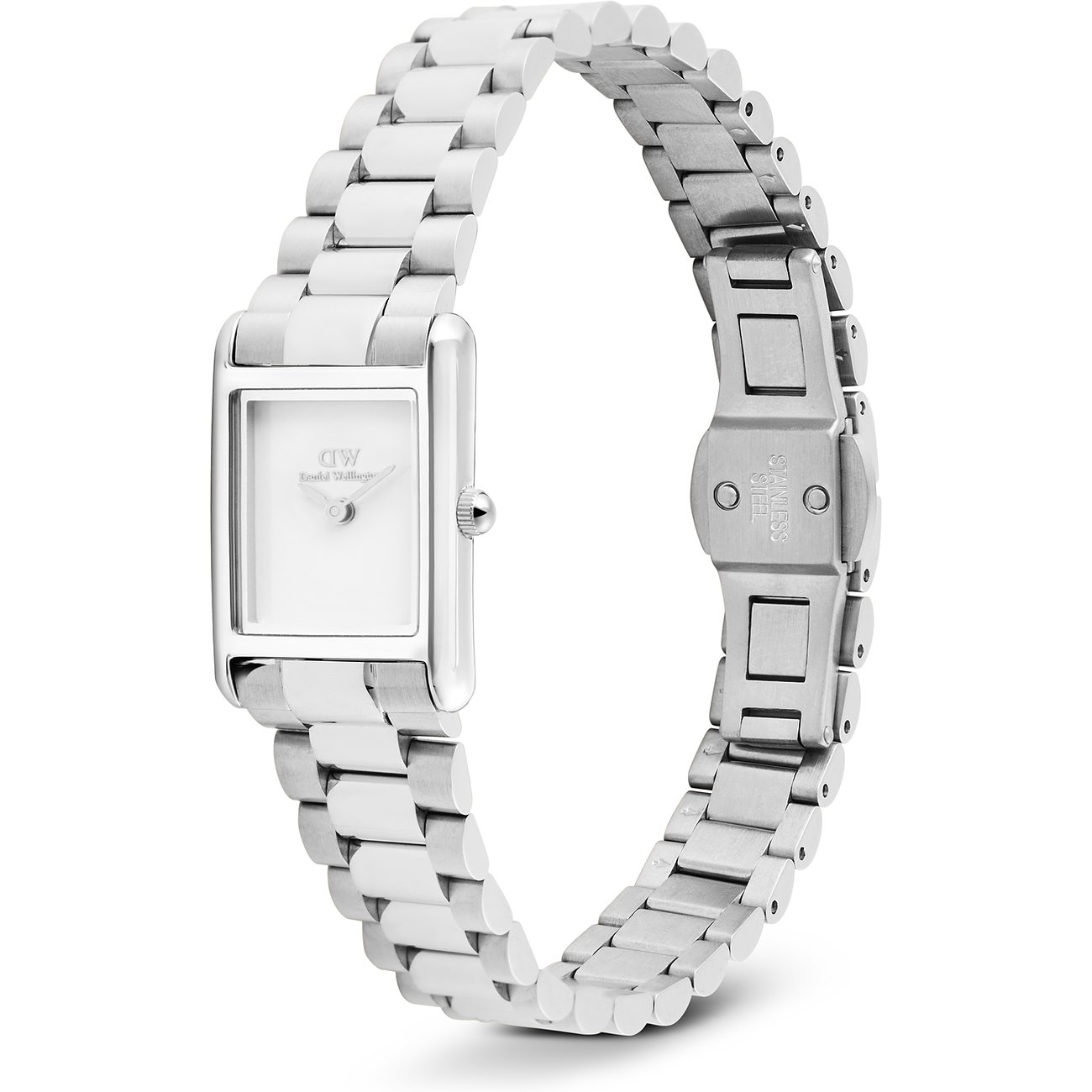 Daniel Wellington Damenuhr aus Edelstahl, schräg oben, weißes rechteckiges Zifferblatt, silberfarbene Zeiger.