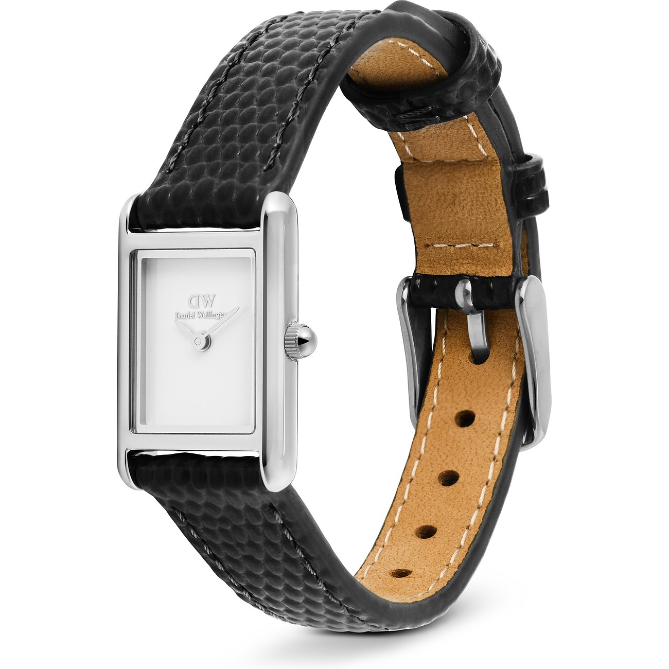 Daniel Wellington Damenuhr mit rechteckigem silbernem Zifferblatt und geprägtem schwarzem Lederarmband.