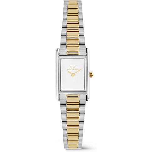 Eine Daniel Wellington Damenuhr aus Edelstahl mit rechteckigem Zifferblatt und zweifarbigem gold-silbernem Armband.
