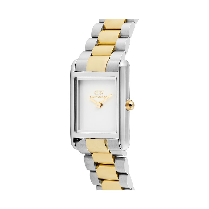 Die Daniel Wellington Damenuhr aus Edelstahl hat ein rechteckiges Gehäuse mit einem weißen Zifferblatt und einem Arm.
