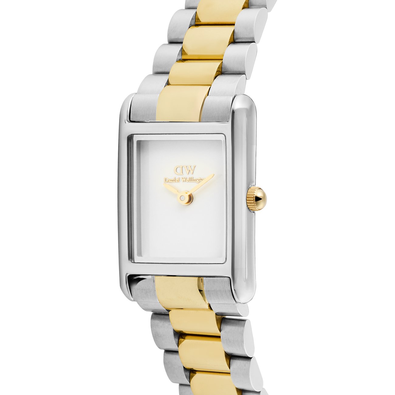 Die Daniel Wellington Damenuhr aus Edelstahl hat ein rechteckiges Gehäuse mit einem weißen Zifferblatt und einem Arm.