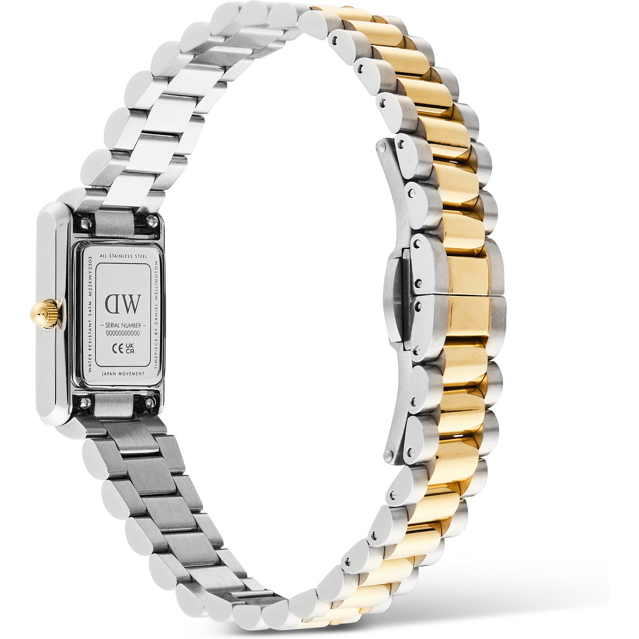 Rückansicht der Daniel Wellington Damenuhr aus Bicolor-Edelstahl mit rechteckigem Zifferblatt und graviertem Gehäuseboden.