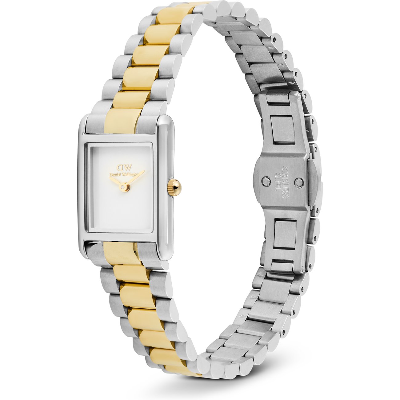 Eine Daniel Wellington Damenuhr aus Edelstahl mit rechteckigem Zifferblatt und einem Armband in Silber- und Goldtönen.