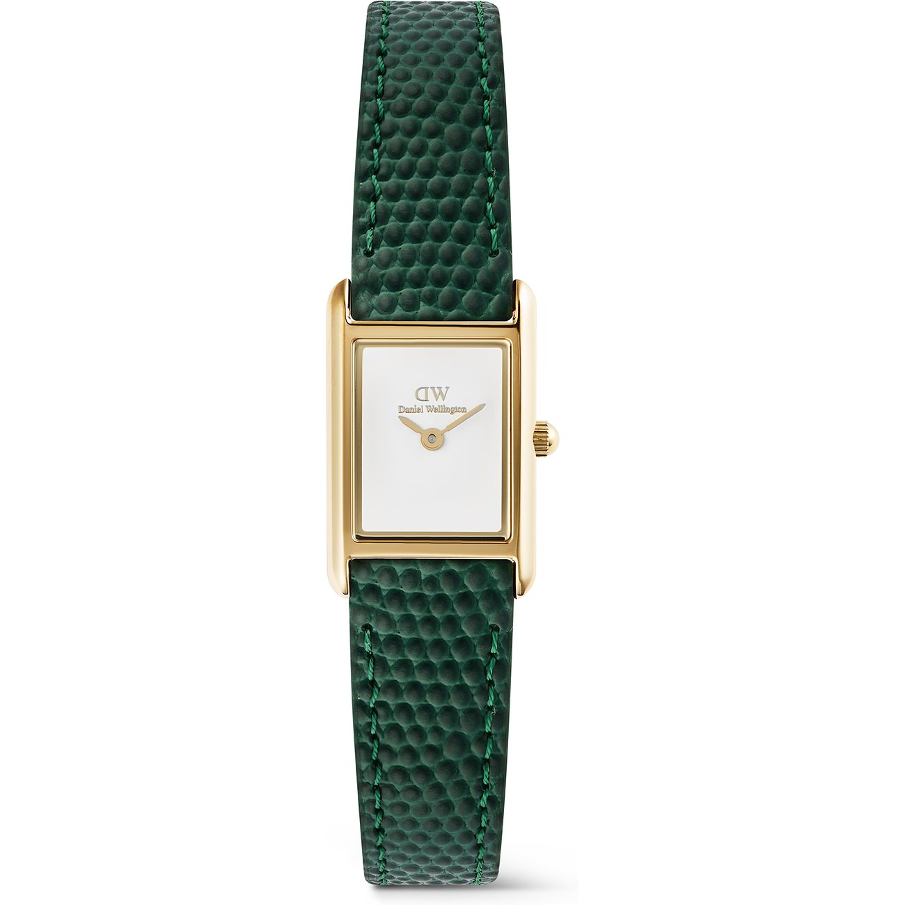 Daniel Wellington Damenuhr mit rechteckigem goldfarbenem Gehäuse und dunkelgrünem Lederarmband auf weißem Zifferblatt.