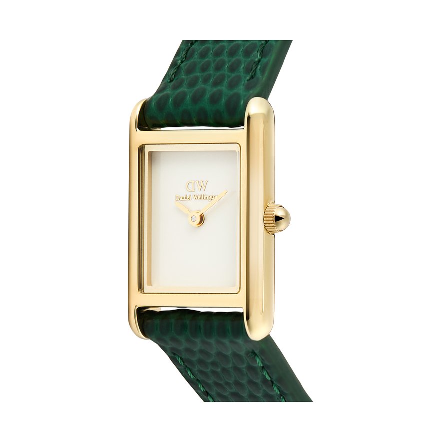 Daniel Wellington Damenuhr mit rechteckigem goldfarbenem Gehäuse und grünem Lederarmband, schräg von oben gesehen.