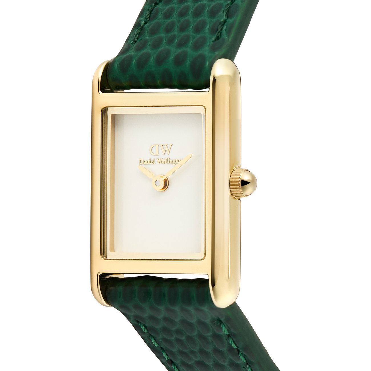 Daniel Wellington Damenuhr mit rechteckigem goldfarbenem Gehäuse und grünem Lederarmband, schräg von oben gesehen.