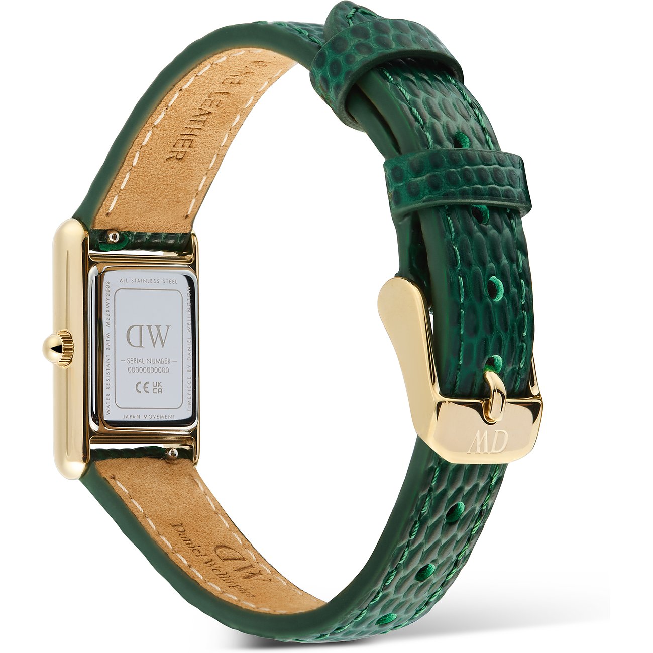 Die Rückseite einer rechteckigen Daniel Wellington Damenuhr mit grünem Lederarmband und goldener Schließe.