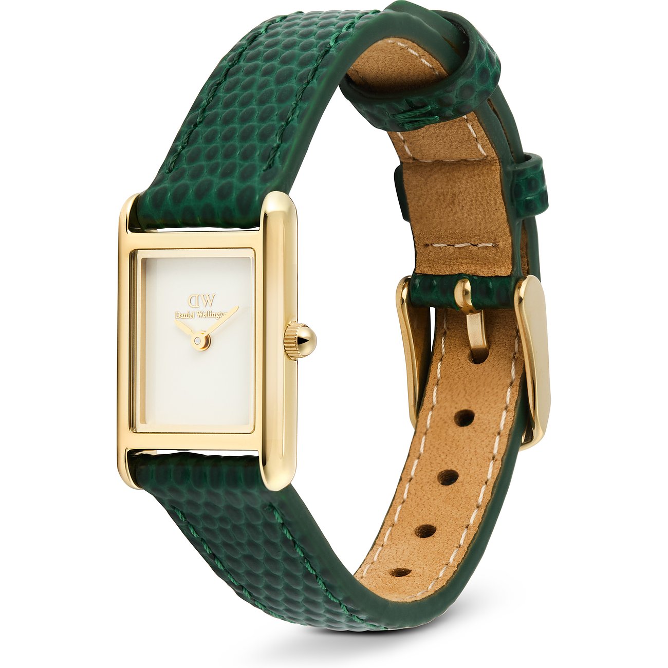 Daniel Wellington Damenuhr mit rechteckigem goldfarbenem Zifferblatt und grünem Lederarmband mit Schlangenprägung.