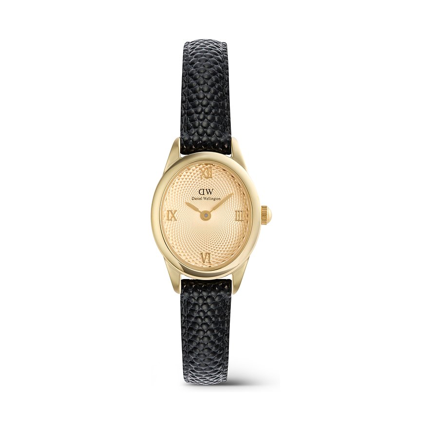Daniel Wellington Damenuhr mit ovalem, goldfarbenem Zifferblatt und schwarzem Lederarmband, auf einer weißen Oberfläche.