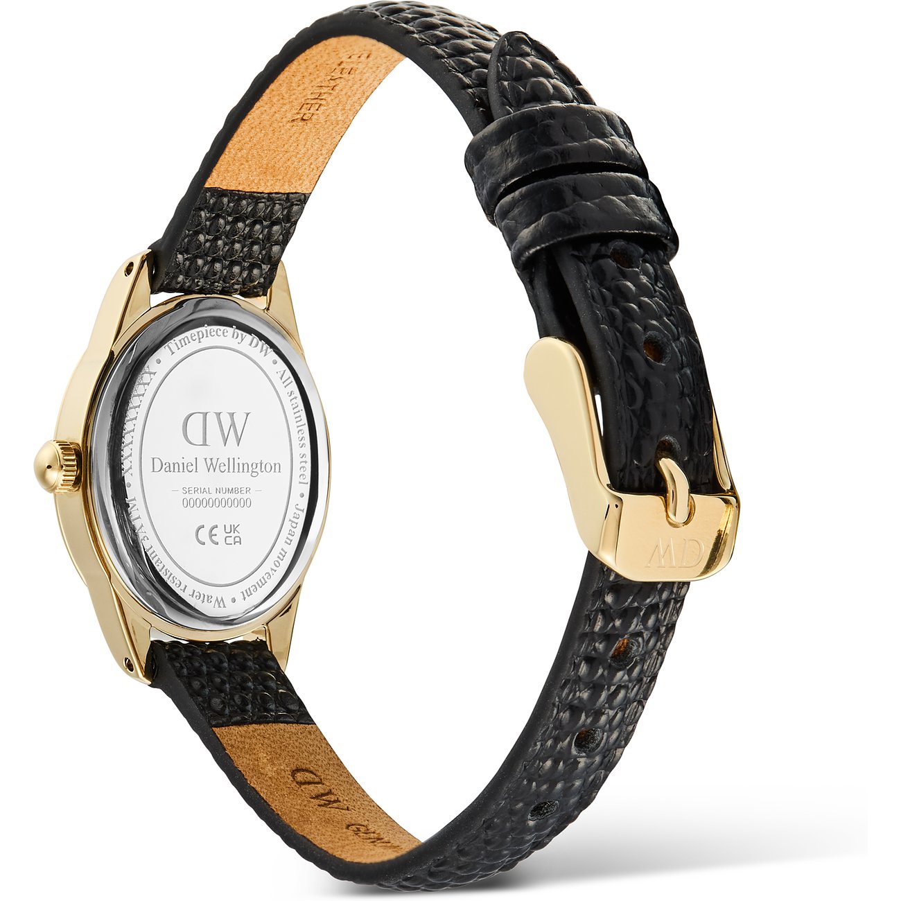 Rückansicht einer Daniel Wellington Damenuhr mit goldenem Gehäuse und schwarzem genarbtem Lederarmband.