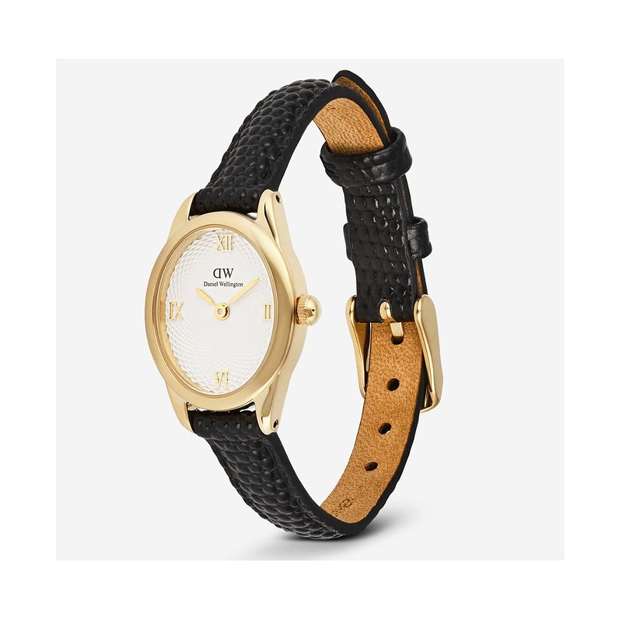 Daniel Wellington Damenuhr aus goldfarbenem Edelstahl mit schwarzem, strukturiertem Band, perspektivisch von oben.