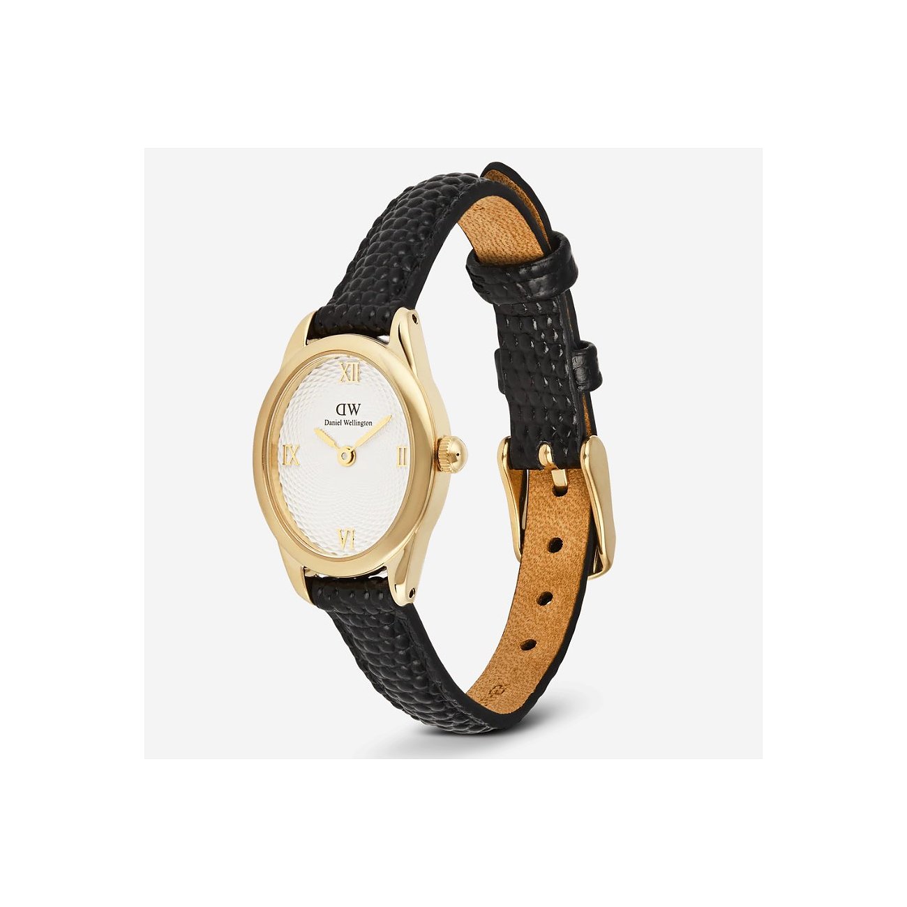 Daniel Wellington Damenuhr aus goldfarbenem Edelstahl mit schwarzem, strukturiertem Band, perspektivisch von oben.