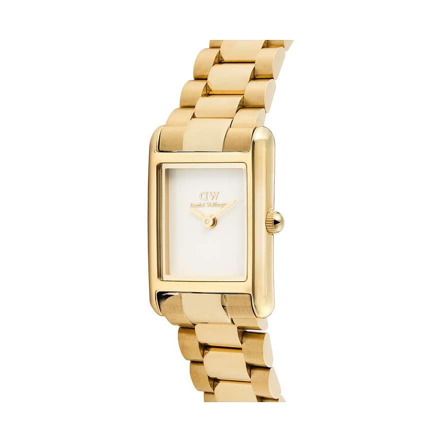 Nahaufnahme einer rechteckigen Daniel Wellington Damenuhr aus goldenem Edelstahl mit weißem Zifferblatt.