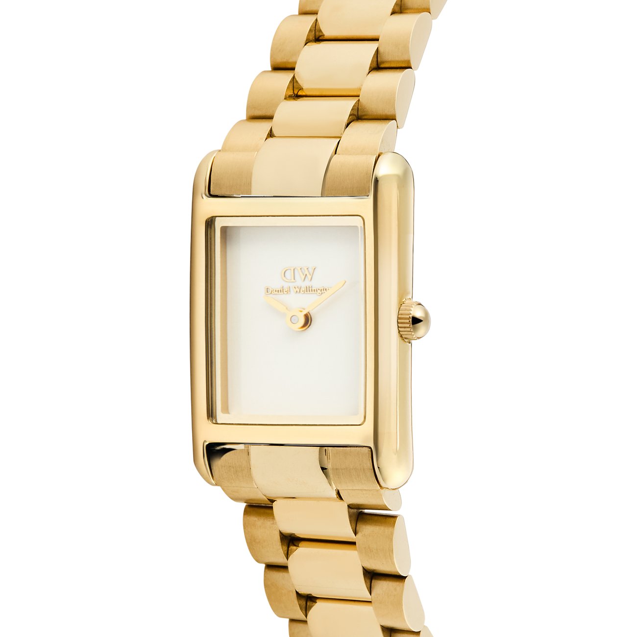 Nahaufnahme einer rechteckigen Daniel Wellington Damenuhr aus goldenem Edelstahl mit weißem Zifferblatt.