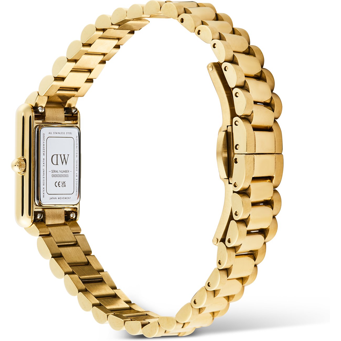 Die Rückseite einer goldenen Daniel Wellington Damenuhr aus Edelstahl, bei der das Armband leicht gebogen erscheint.