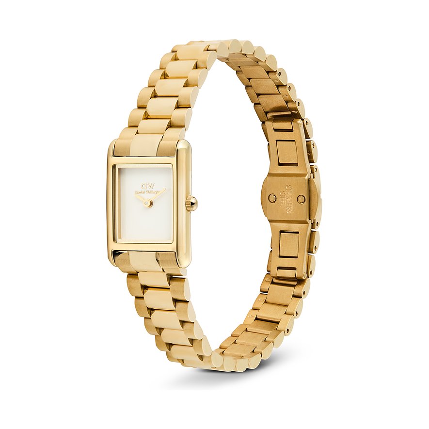 Daniel Wellington Damenuhr aus goldfarbenem Edelstahl, rechteckiges Zifferblatt mit schlichten Zeigern