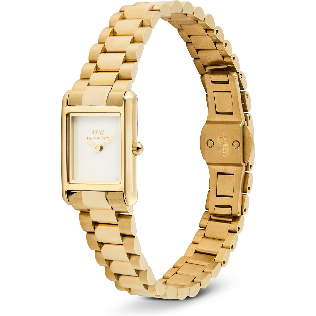 Daniel Wellington Damenuhr aus goldfarbenem Edelstahl, rechteckiges Zifferblatt mit schlichten Zeigern