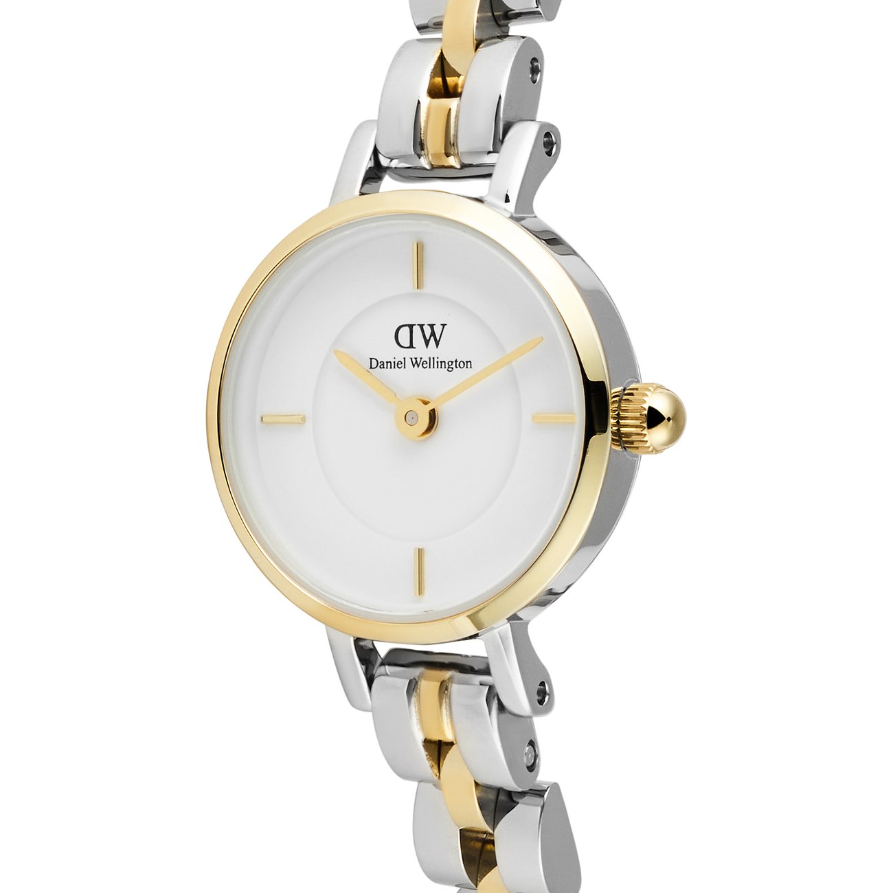 Nahaufnahme einer Daniel Wellington Damenuhr aus Edelstahl mit bicolor Armband (silber/gold), weißem Zifferblatt und goldenen Zeigern.