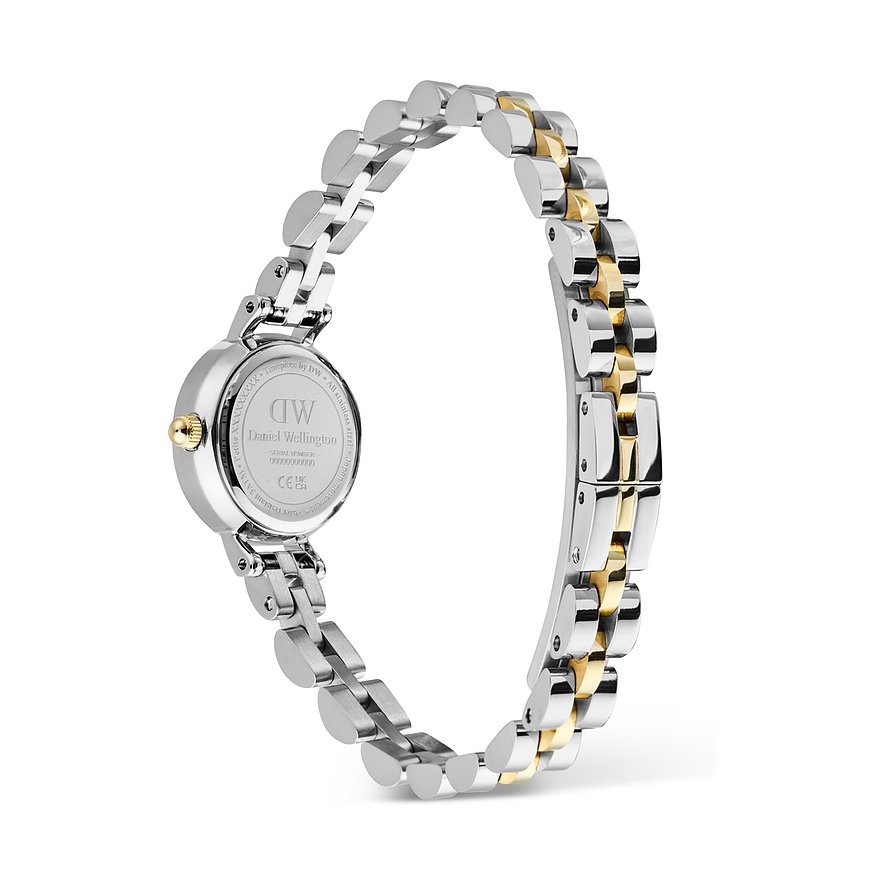Rückseite einer Daniel Wellington Damenuhr aus Edelstahl von schräg oben gesehen, mit zweifarbigem Band in Silber und Gold.