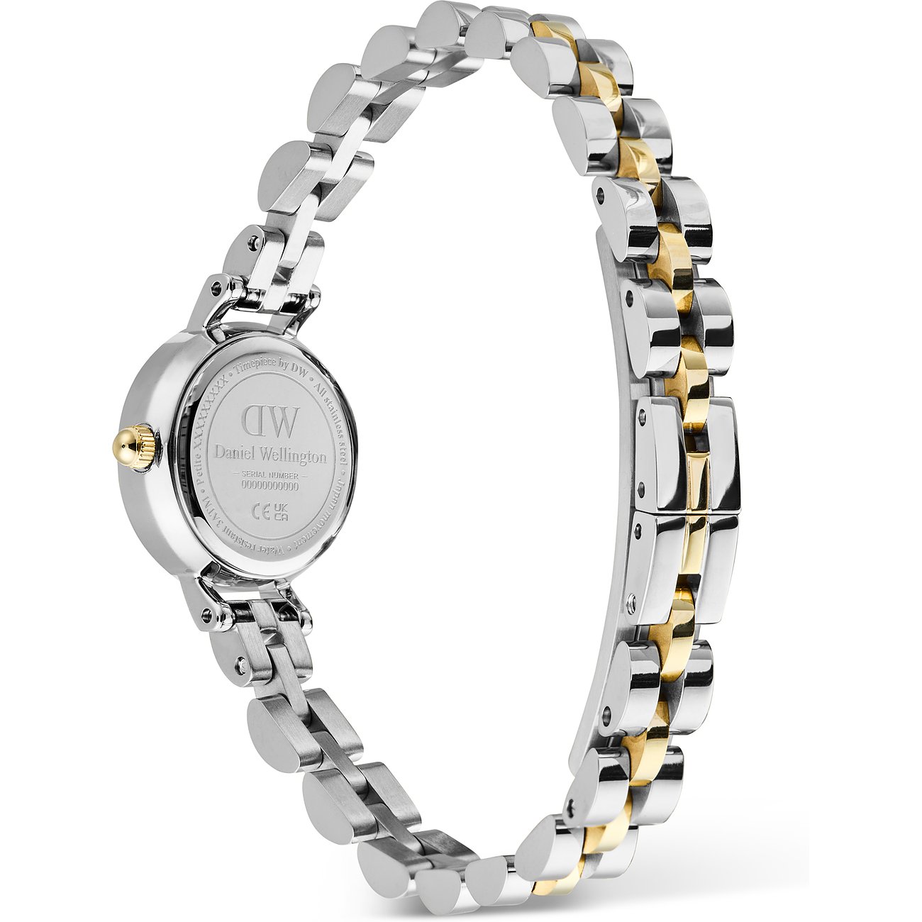 Rückseite einer Daniel Wellington Damenuhr aus Edelstahl von schräg oben gesehen, mit zweifarbigem Band in Silber und Gold.