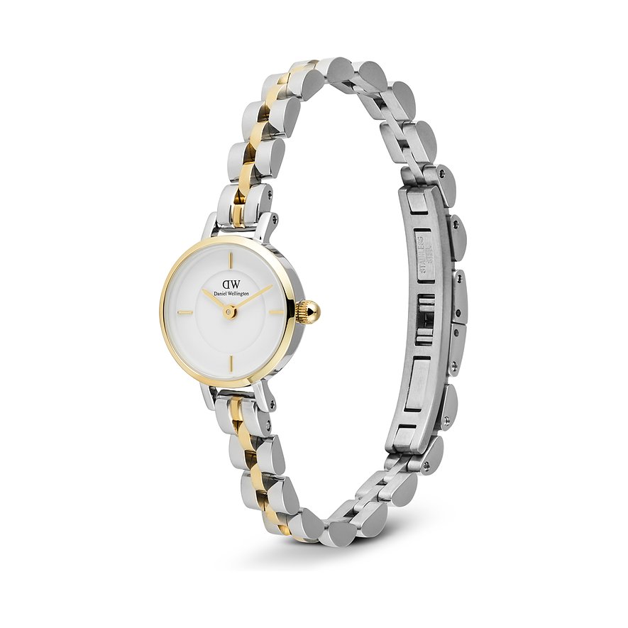 Daniel Wellington Damenuhr aus bicolor Edelstahl mit rundem, weißem Zifferblatt und goldener Einfassung, schräg von oben.