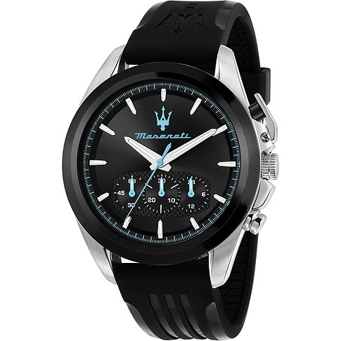 Maserati Herrenuhr aus Edelstahl mit schwarzem Zifferblatt, silbernen Indizes und einem schwarzen Silikonarmband.