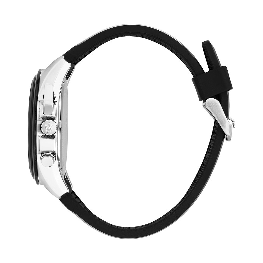 Seitenansicht der Maserati Herrenuhr aus Edelstahl mit schwarzem Armband und Schließe.