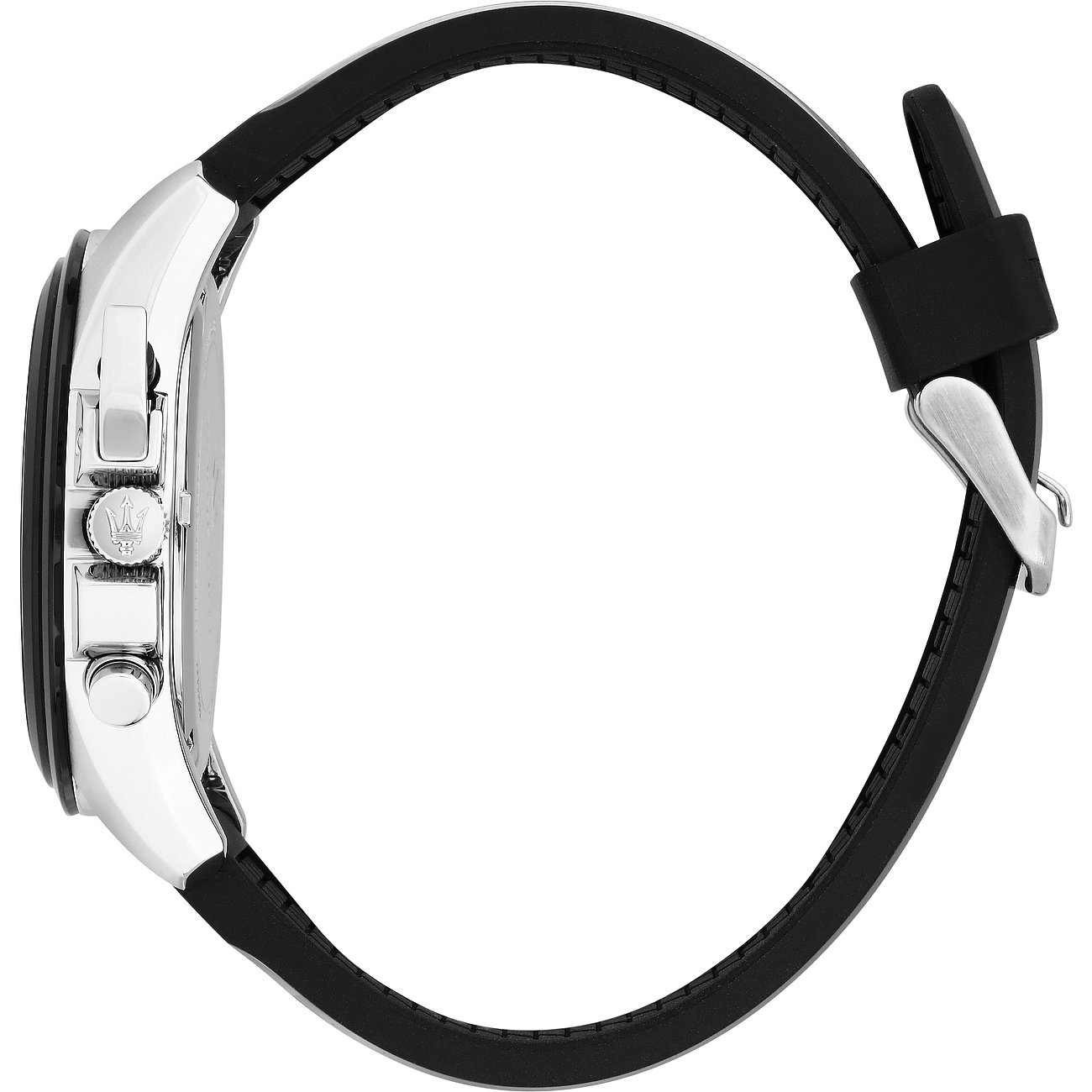 Seitenansicht der Maserati Herrenuhr aus Edelstahl mit schwarzem Armband und Schließe.