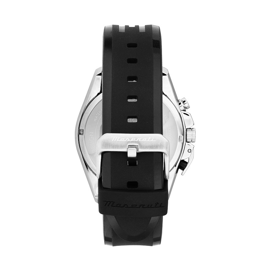 Rückseite einer Maserati Herrenuhr aus Edelstahl mit schwarzem Silikonarmband und Dornschließe.