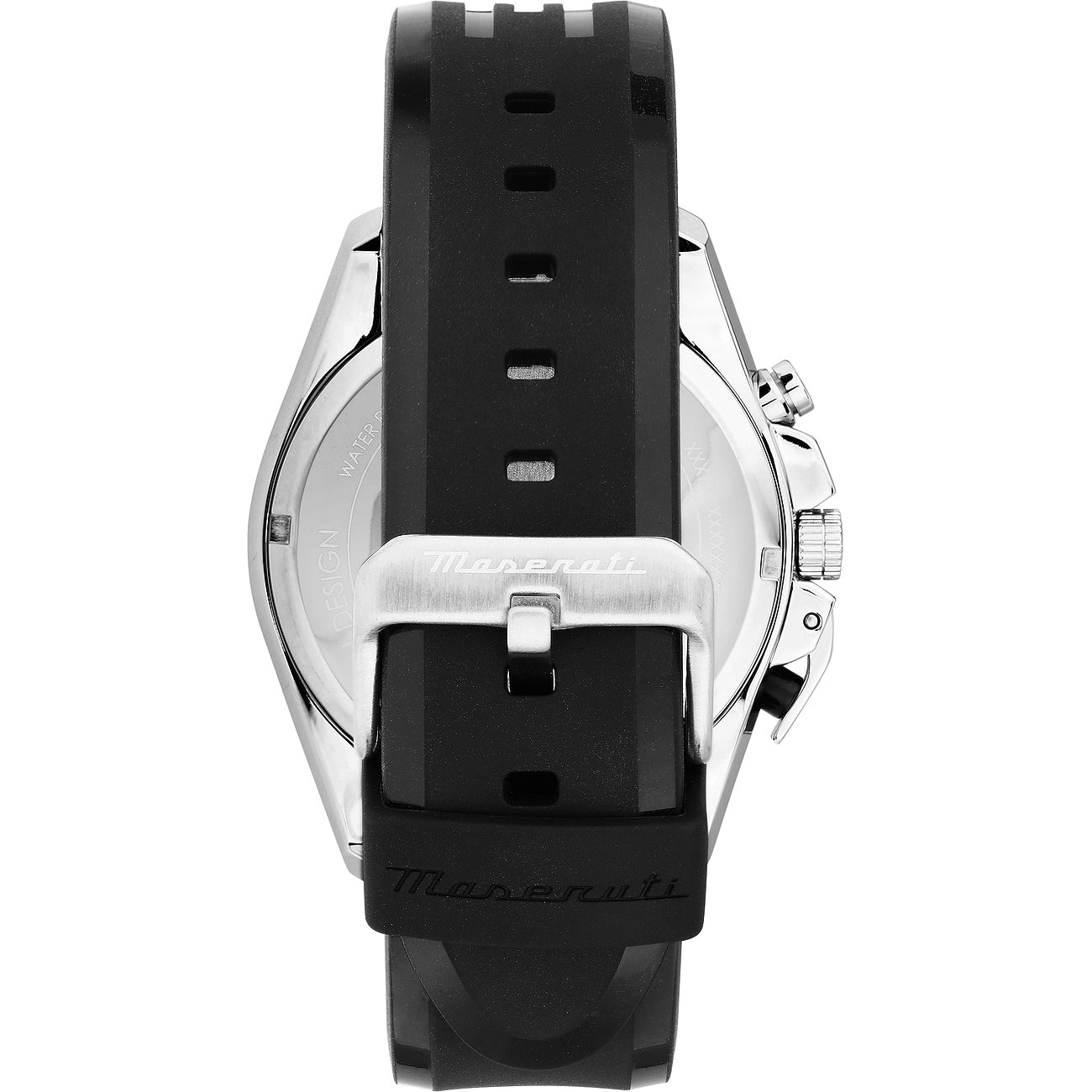 Rückseite einer Maserati Herrenuhr aus Edelstahl mit schwarzem Silikonarmband und Dornschließe.