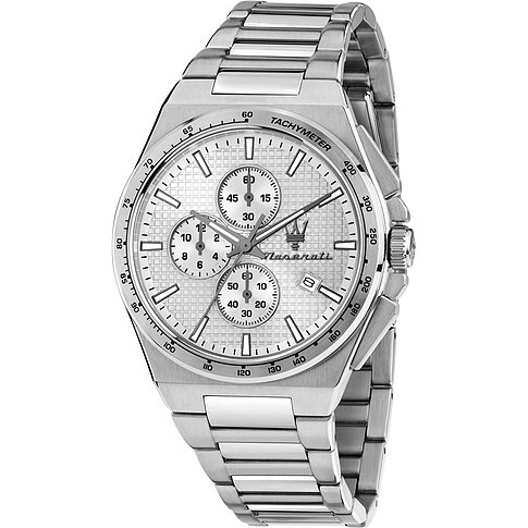 Maserati herenhorloge, zilverkleurig RVS, witte wijzerplaat met chronograaffuncties, schuin van bovenaf genomen.
