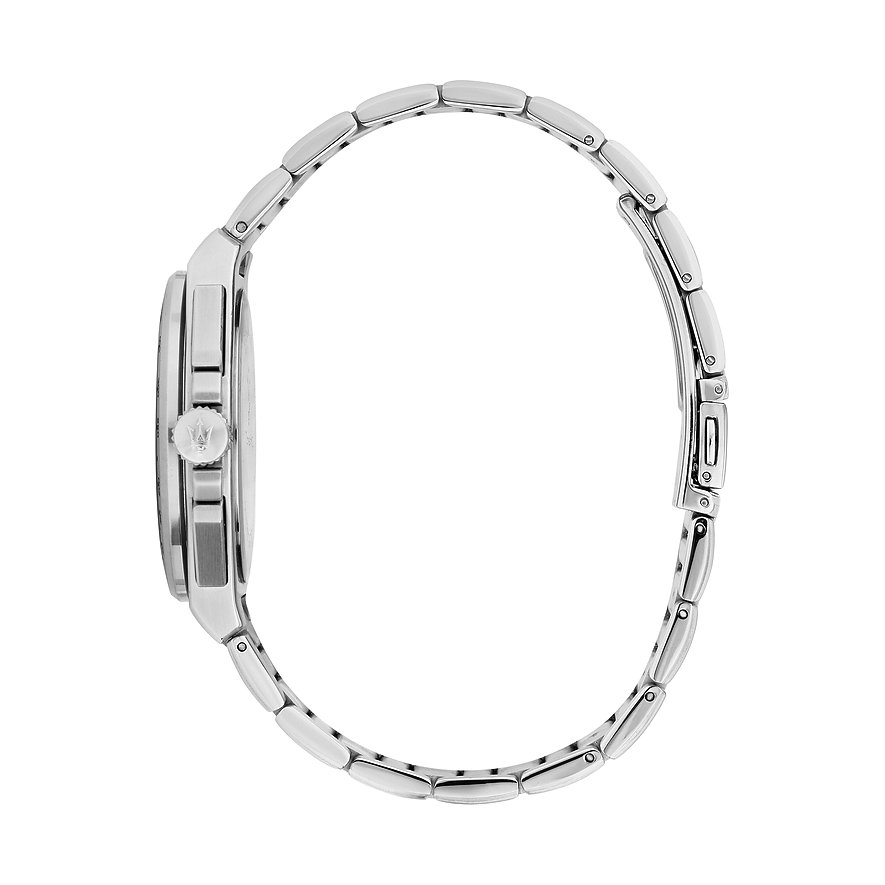 Zijaanzicht van een Maserati herenhorloge van roestvrij staal, de kast en schakelband zijn glanzend zilver.