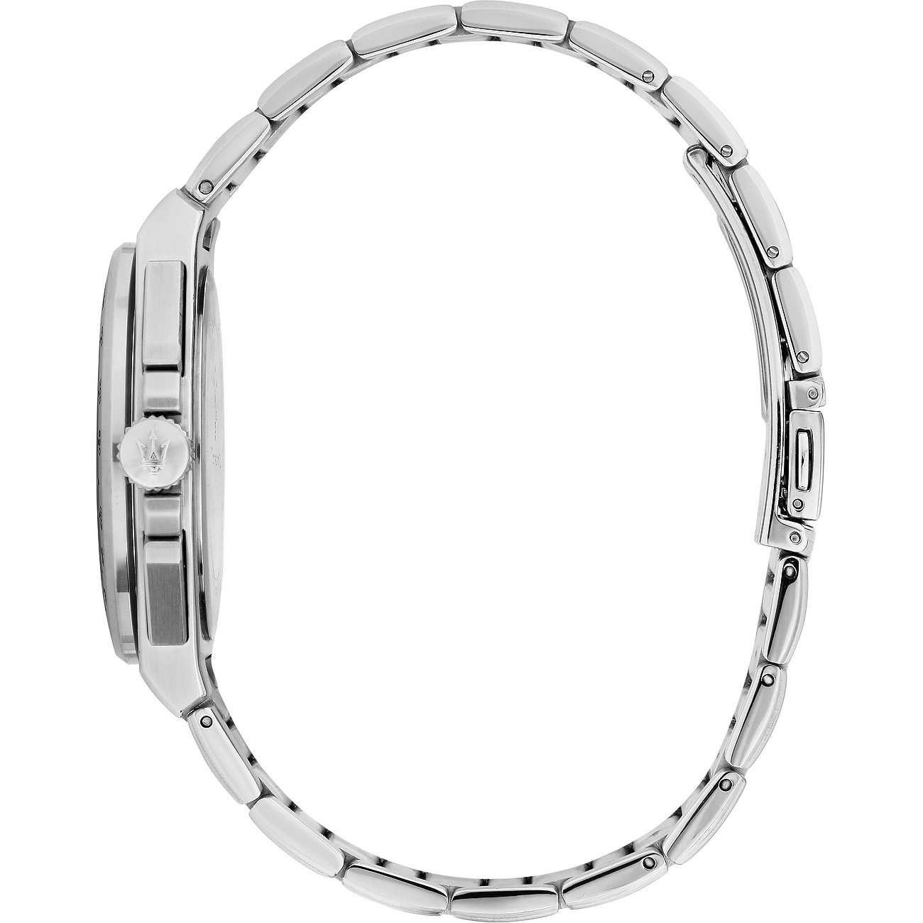 Zijaanzicht van een Maserati herenhorloge van roestvrij staal, de kast en schakelband zijn glanzend zilver.