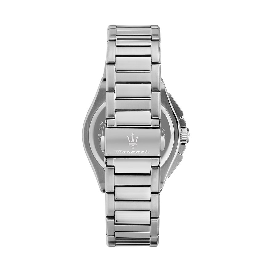 Achteraanzicht van het Maserati herenhorloge van roestvrij staal, met merklogo op de sluiting van de band.