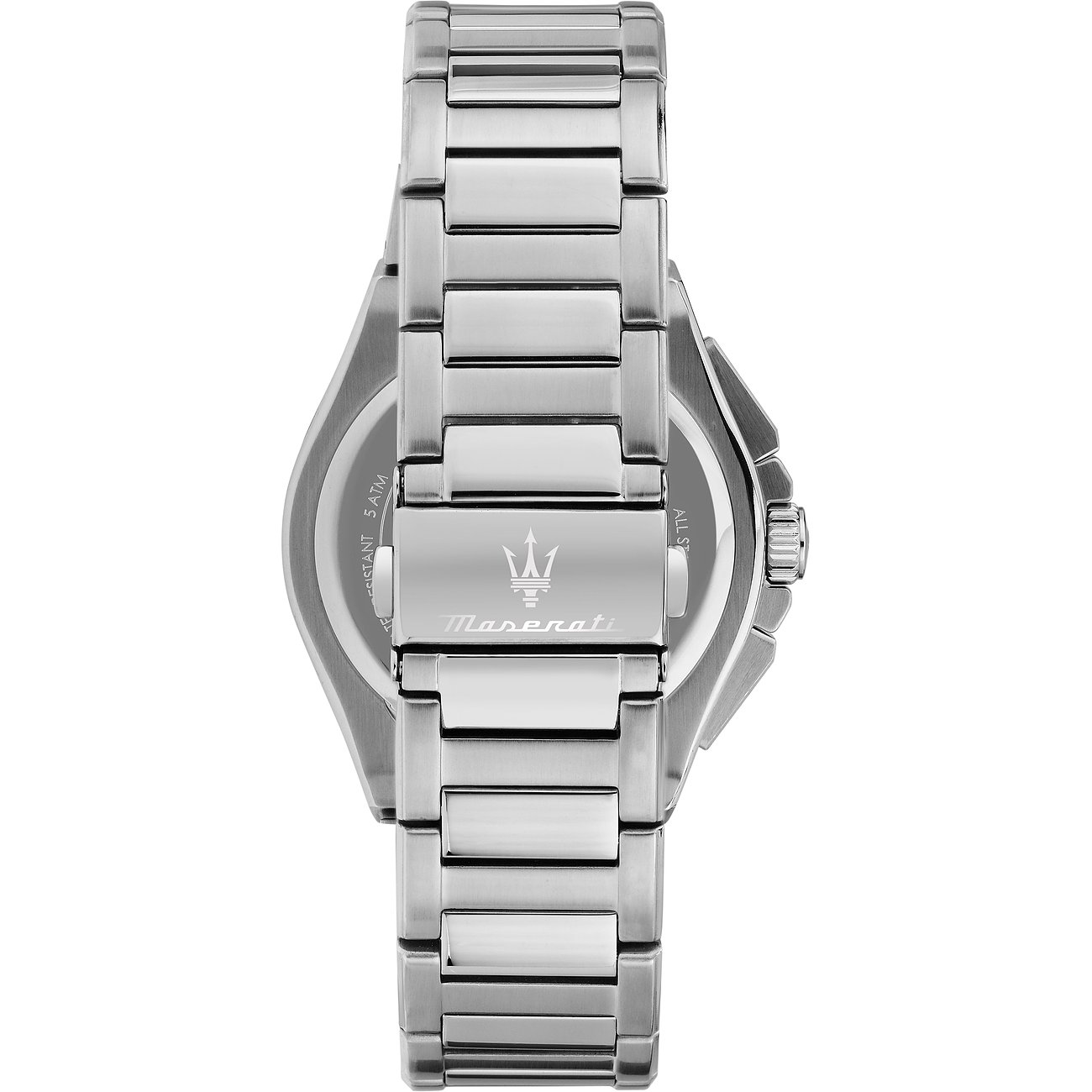 Achteraanzicht van het Maserati herenhorloge van roestvrij staal, met merklogo op de sluiting van de band.