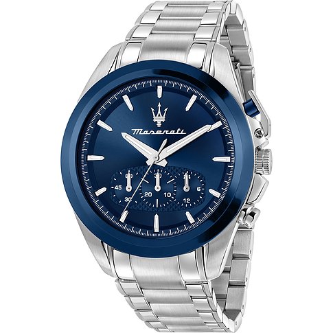 Maserati herenhorloge van roestvrij staal met blauwe wijzerplaat, zilverkleurige wijzers en merklogo.