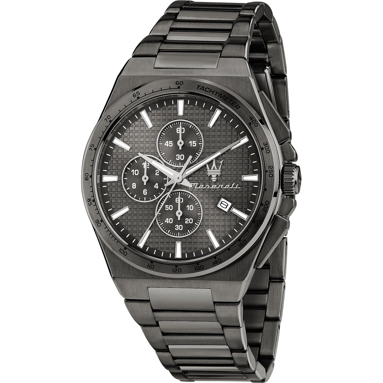 Maserati herenhorloge van blauwgrijs roestvrij staal, schuin van voren links gezien.