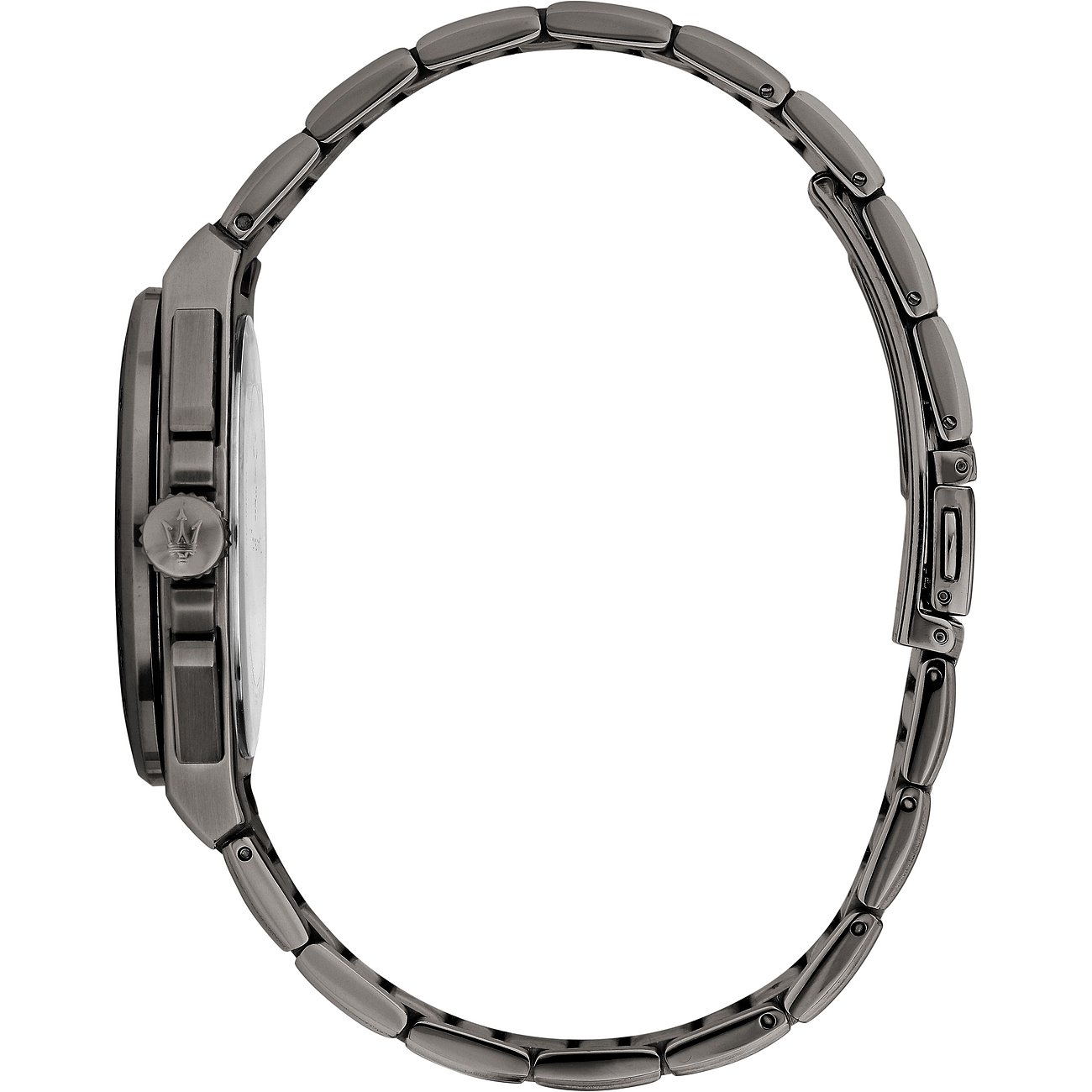 Zijaanzicht van het Maserati herenhorloge van donkergrijs roestvrij staal met een ronde band.