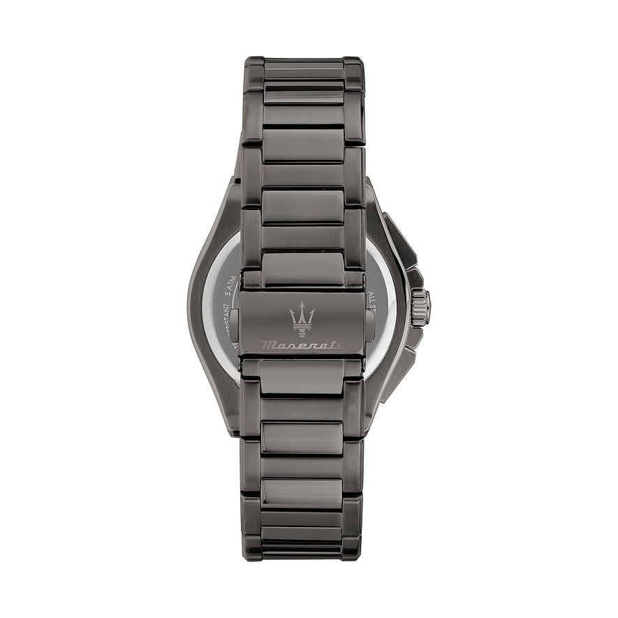 Achterkant van een Maserati herenhorloge van roestvrij staal in donker gunmetal. Het Maserati-logo is duidelijk zichtbaar.