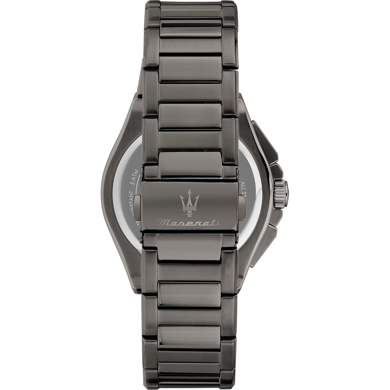 Achterkant van een Maserati herenhorloge van roestvrij staal in donker gunmetal. Het Maserati-logo is duidelijk zichtbaar.