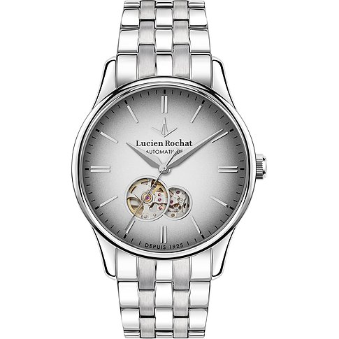 Eine Lucien Rochat Herrenuhr aus Edelstahl mit silbernem Zifferblatt und sichtbarem Automatikwerk.