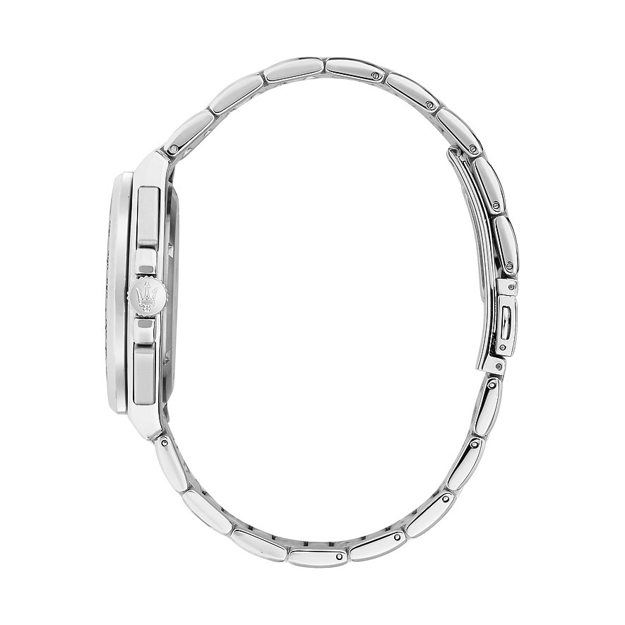 Seitenansicht der Maserati Herrenuhr aus Edelstahl, zeigt das Uhrengehäuse und das feine Gliederarmband.
