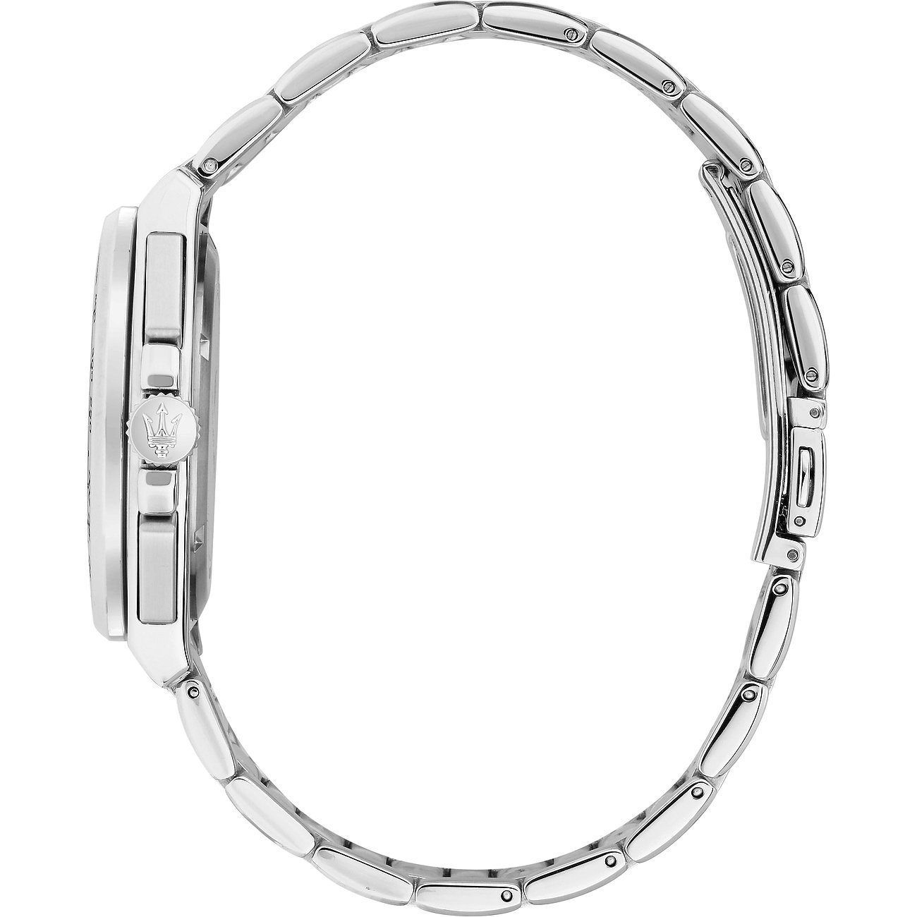 Seitenansicht der Maserati Herrenuhr aus Edelstahl, zeigt das Uhrengehäuse und das feine Gliederarmband.