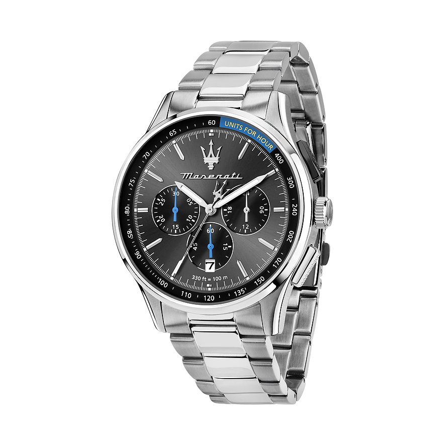 Maserati Herrenuhr aus Edelstahl mit dunklem Zifferblatt, silbernem Gliederarmband und blauen Akzenten.