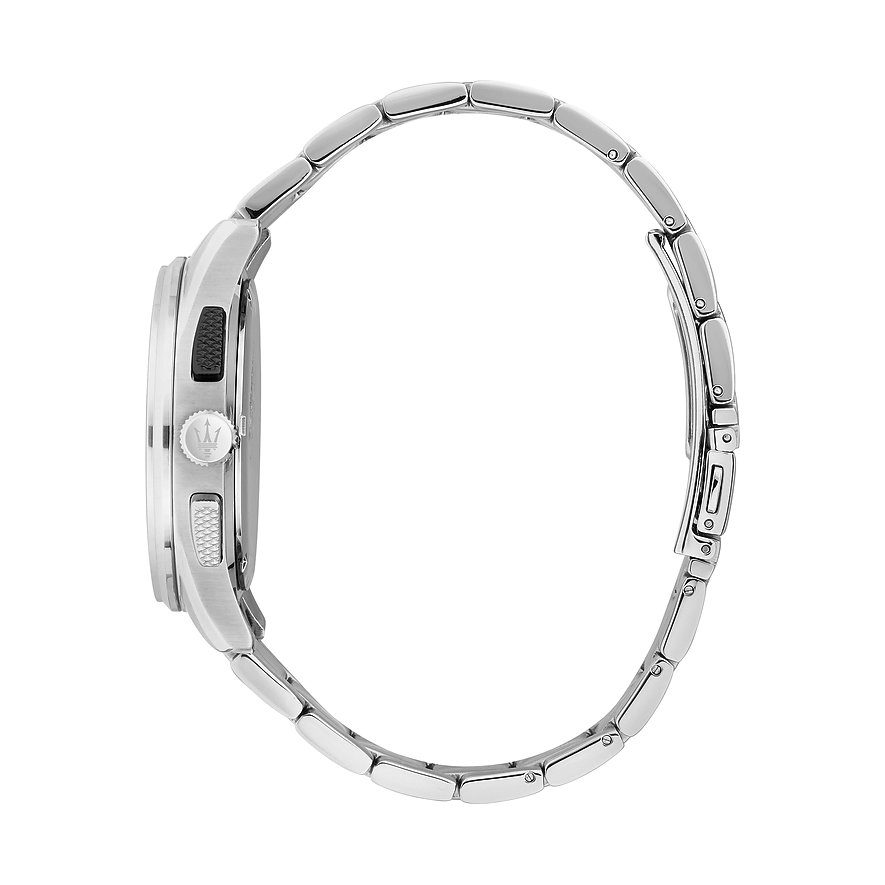Seitenansicht einer silbernen Maserati Herrenuhr aus Edelstahl mit geriffeltem Verschluss und Drückern.