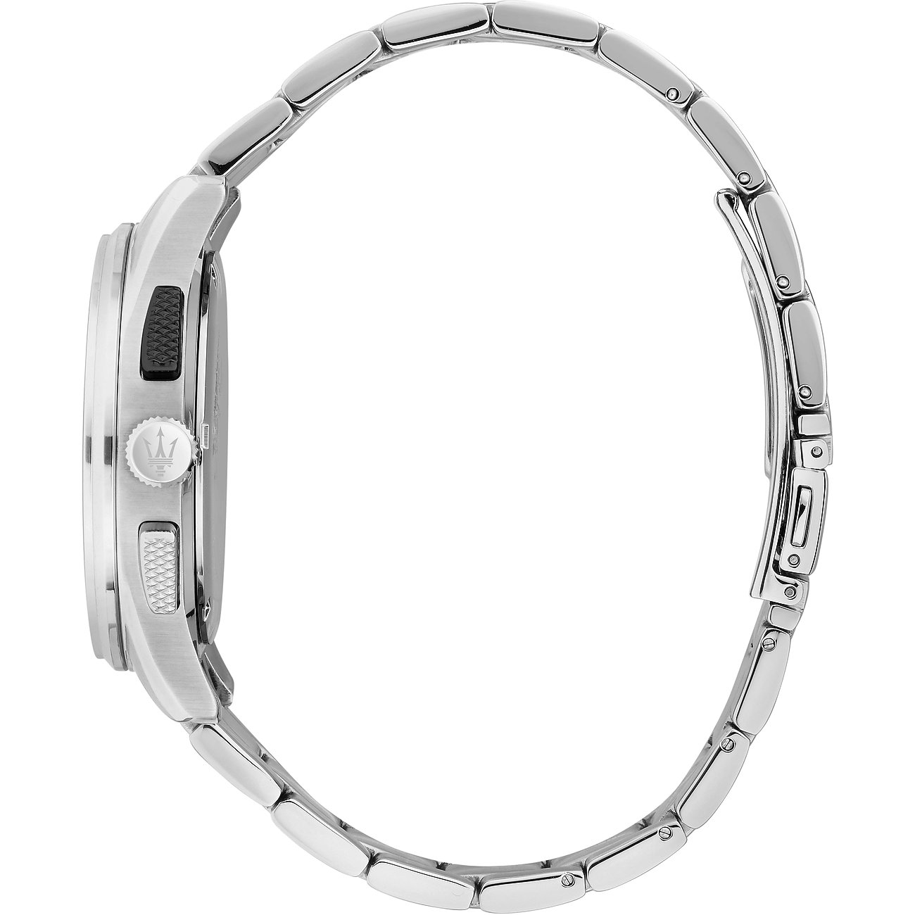 Seitenansicht einer silbernen Maserati Herrenuhr aus Edelstahl mit geriffeltem Verschluss und Drückern.