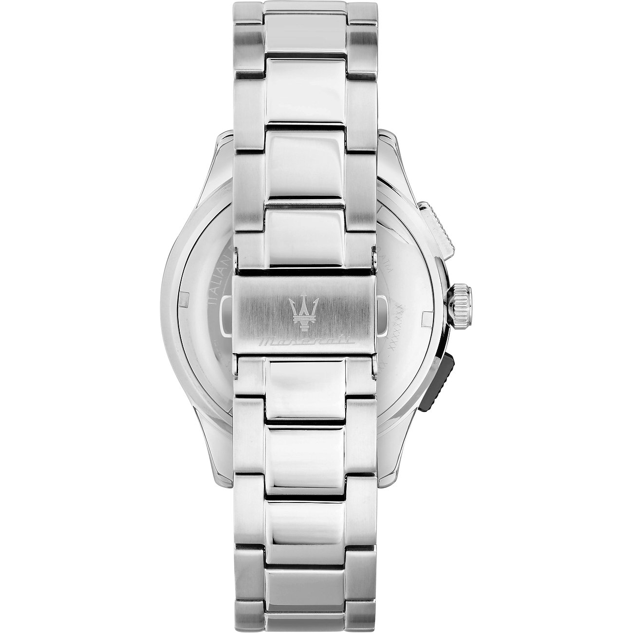 Rückansicht der Maserati Herrenuhr aus silbernem Edelstahl, Armband und Gehäuseboden sind sichtbar.