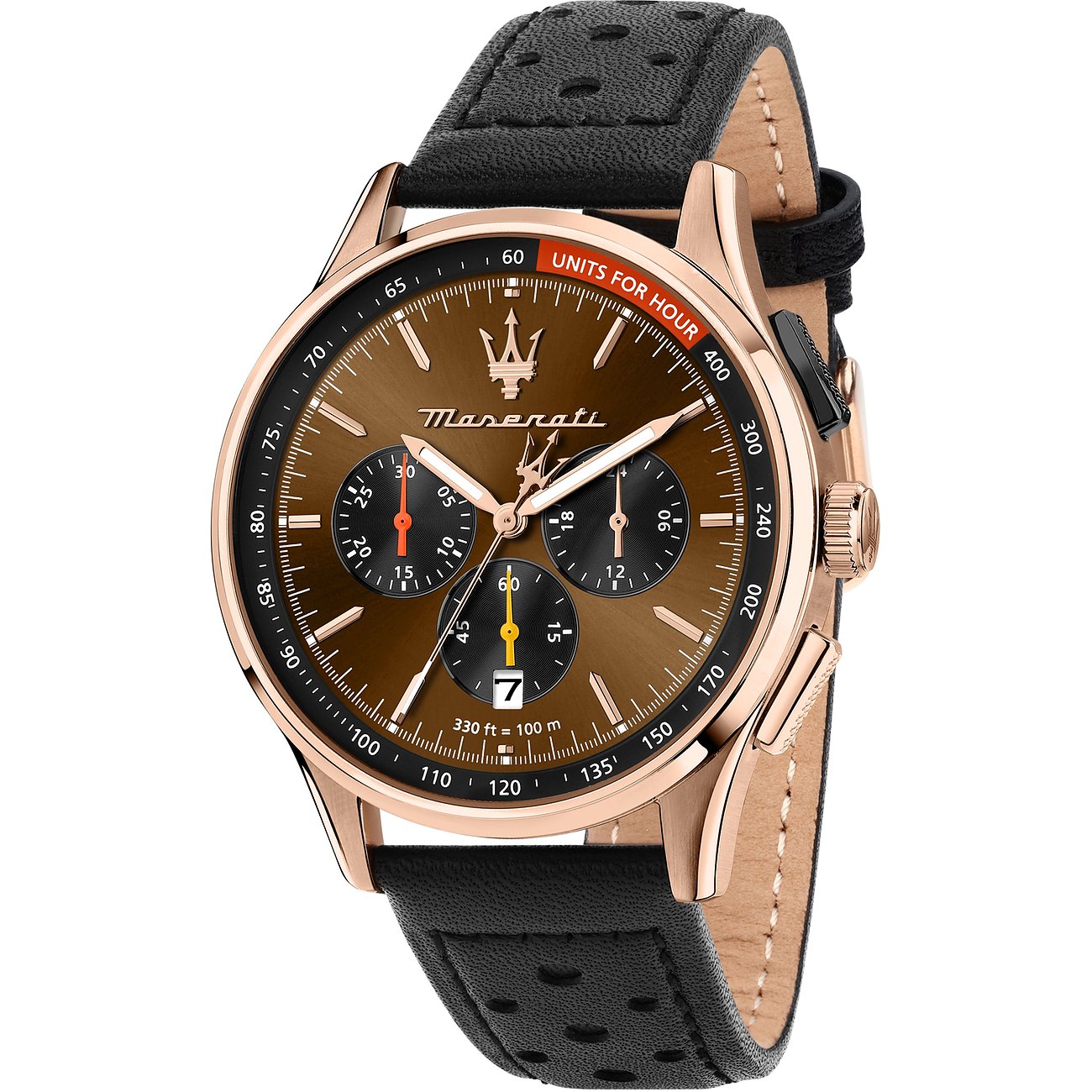 Maserati herenhorloge van roestvrij staal met roségoudkleurige kast, bruine wijzerplaat en zwarte leren band.